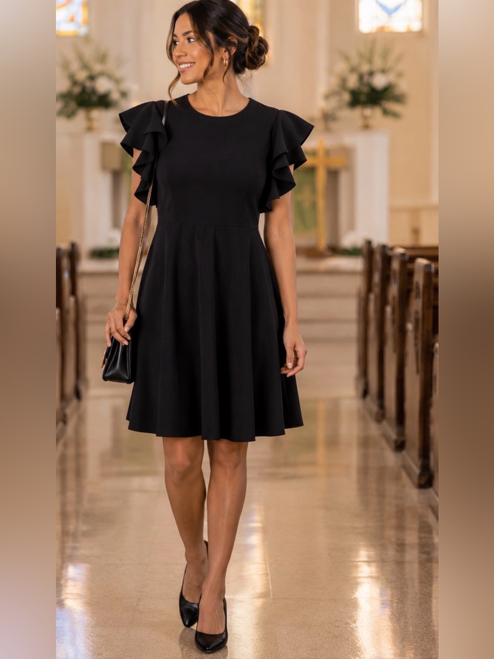 🖤✨Classic Black Ruffle-Sleeve Dress - Elegant Women's Fit & Flare
